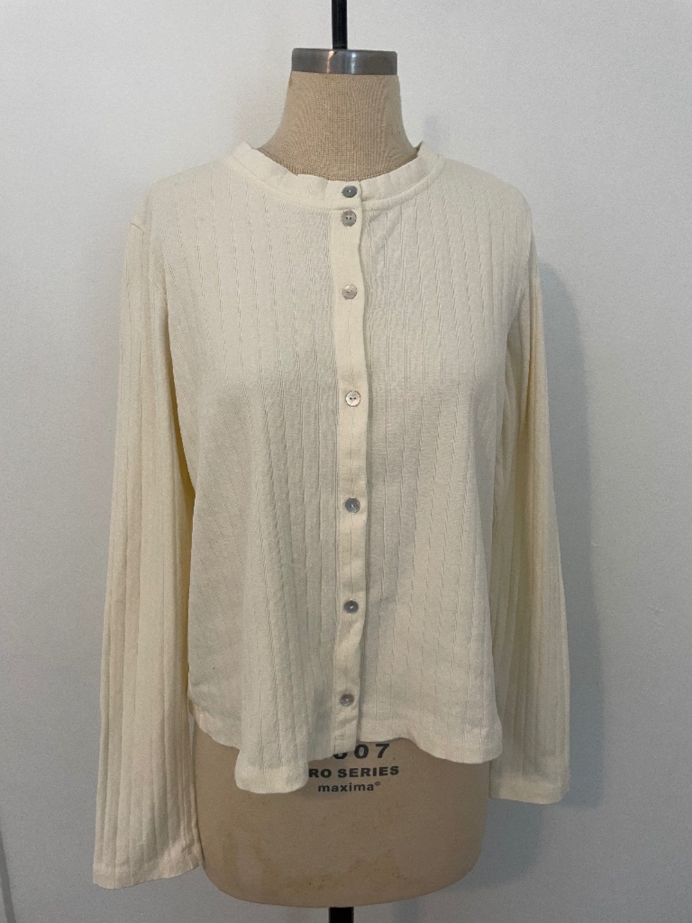 Donni Pointelle Long Sleeve Eyelet Rib Button Up Top, White / Cream, Size Small